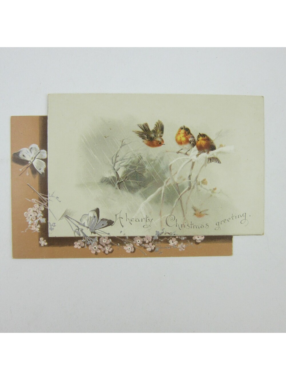 Victorian Christmas Card Birds on White Tree Branch Butterfly Flowers Antique